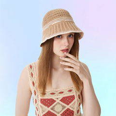 Hollow Out Bucket Hat Knitted Bowknot Decor Casual Thin Breathable Beach Hat