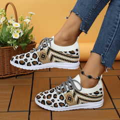 Leopard Print Mesh Lace-up Sneakers Soft Sole Casual Shoes