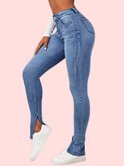 High Waist Skinny Jeans Split High Rise Slim Fit Slash Pockets Denim Pants