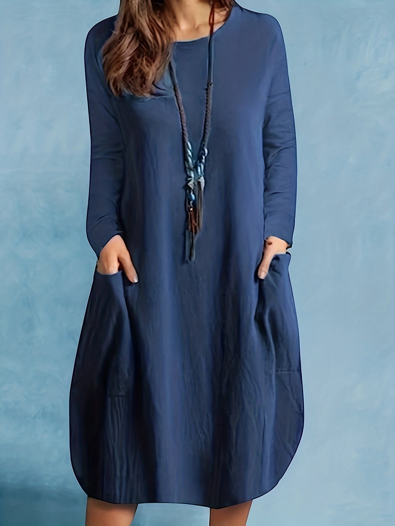 Solid Long Sleeve Round Neck Dress With Pockets