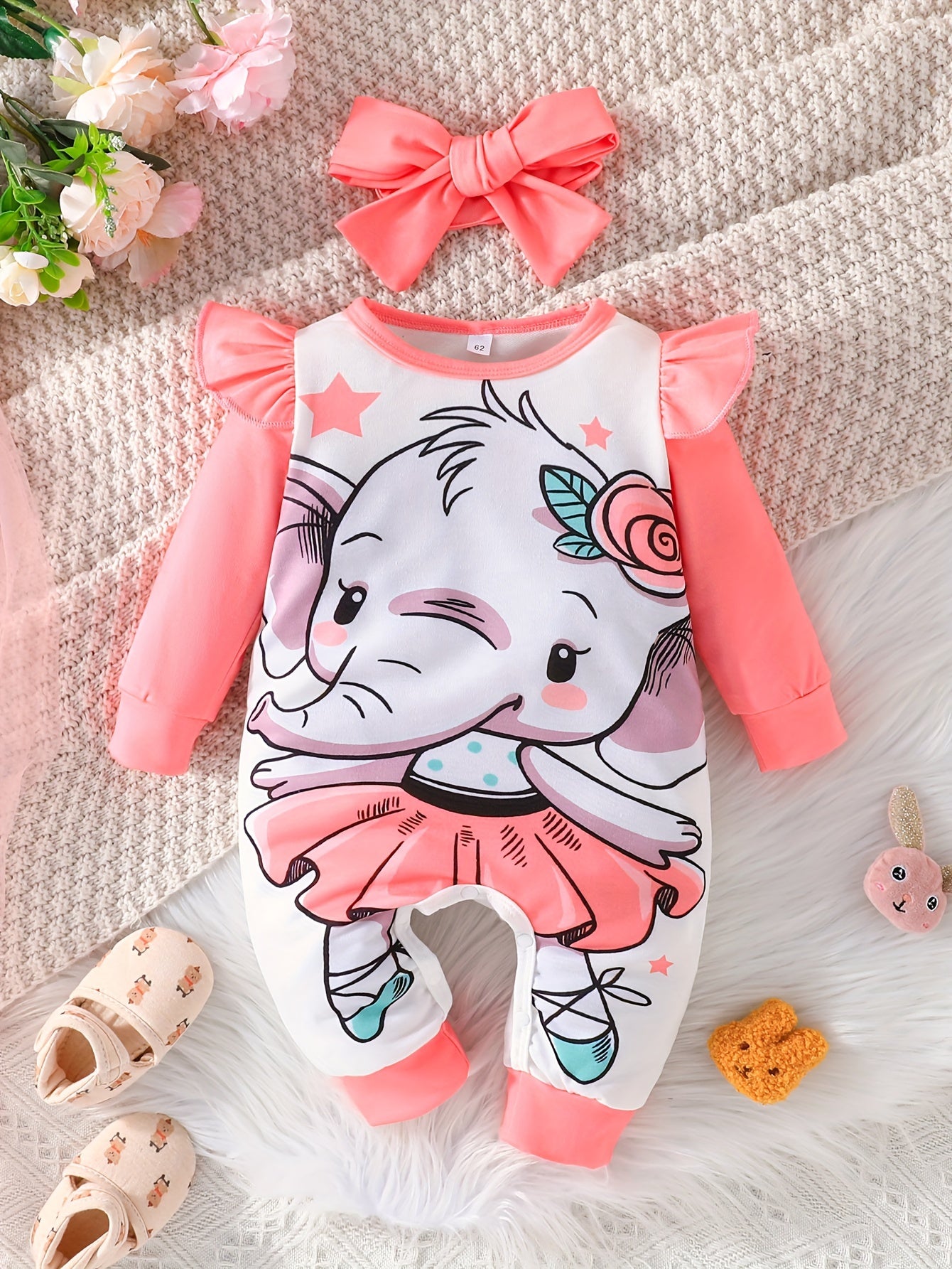 Newborn Cartoon Animal Pattern Jumpsuit & Headband 2pcs Set Baby Outfits