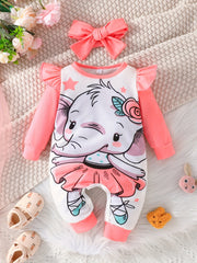 Newborn Cartoon Animal Pattern Jumpsuit & Headband 2pcs Set Baby Outfits