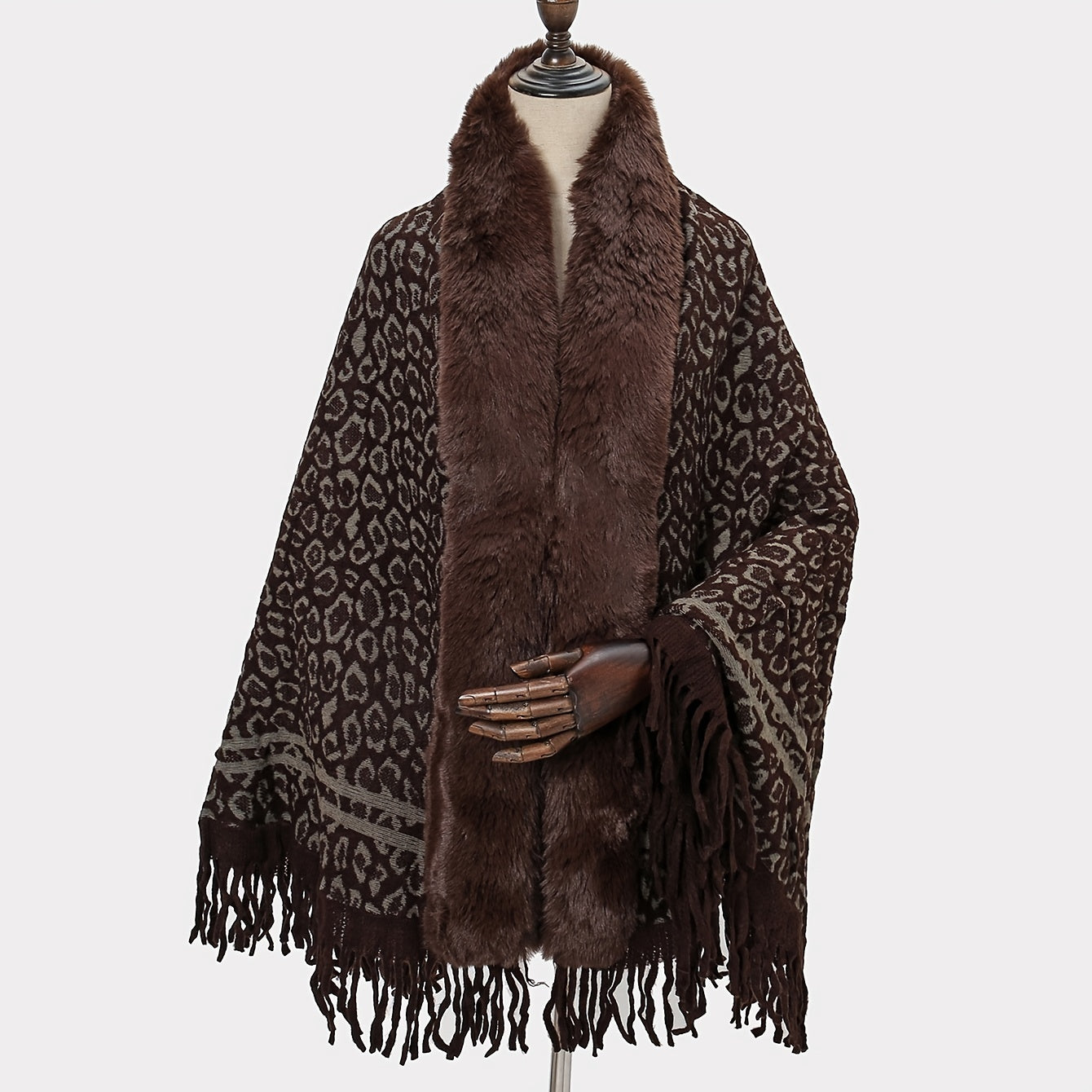 Leopard Print Dark Shawl Blanket Scarf Fur Collar Cashmere Winter Warm Tassel