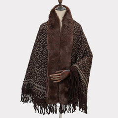 Leopard Print Dark Shawl Blanket Scarf Fur Collar Cashmere Winter Warm Tassel