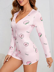 Peach Print Pajama Romper Long Sleeve V Neck Buttons Pajamas