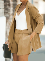 Solid Long Sleeve Double Breast Button Blazer & Shorts Suit Set