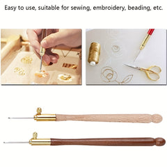 Embroidery Crochet Hooks w/ 3 Needles Wooden Handle French Tambour Tools