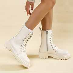 Women's Platform Combat Boots Round Toe Side Zipper & Lace Up Ankle Shoes