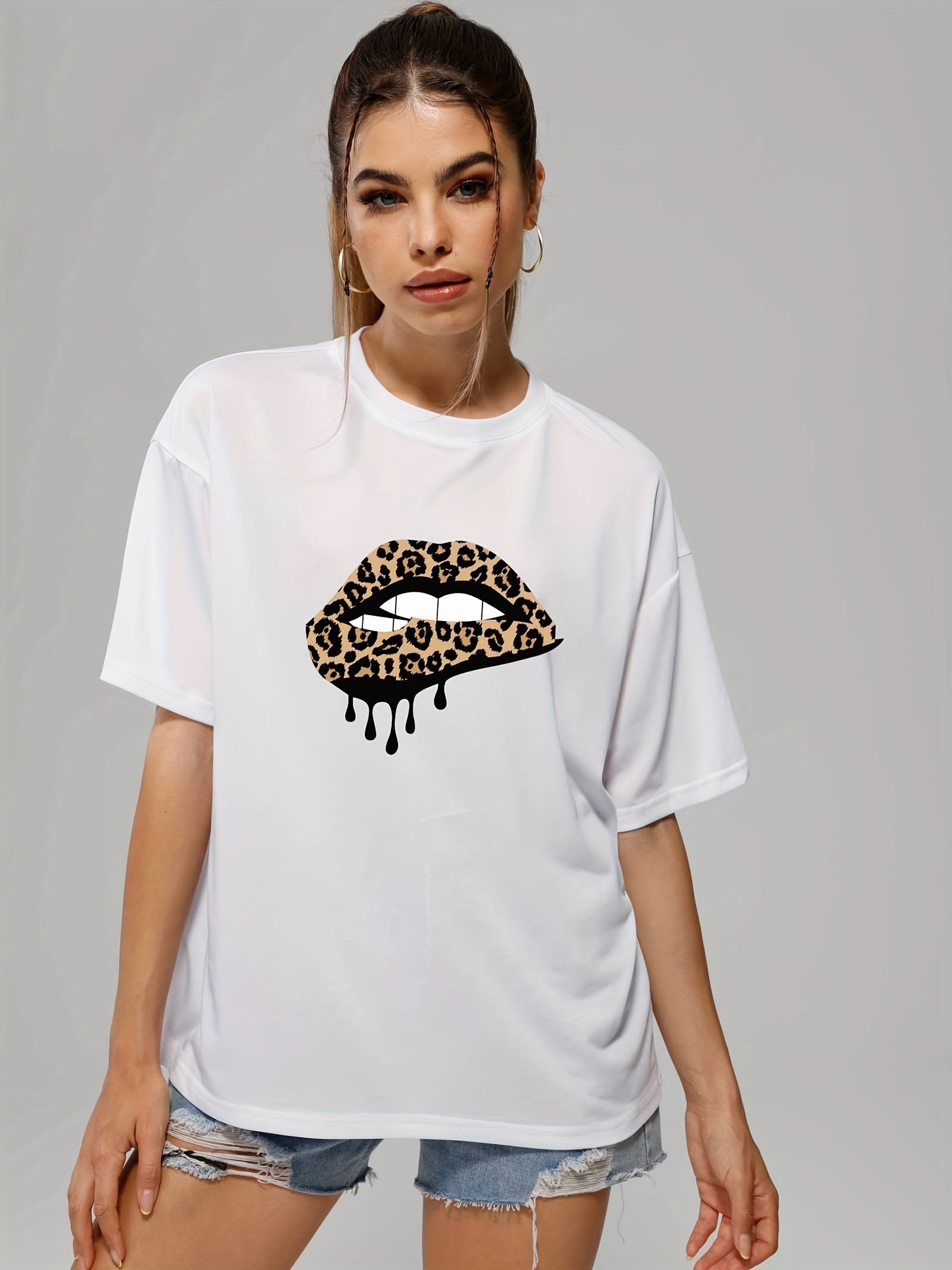 Leopard Lips Print Graphic Tee Short Sleeve Crew Neck T-shirt