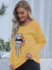 Casual Lip Pattern Print Sweater Crew Neck Top