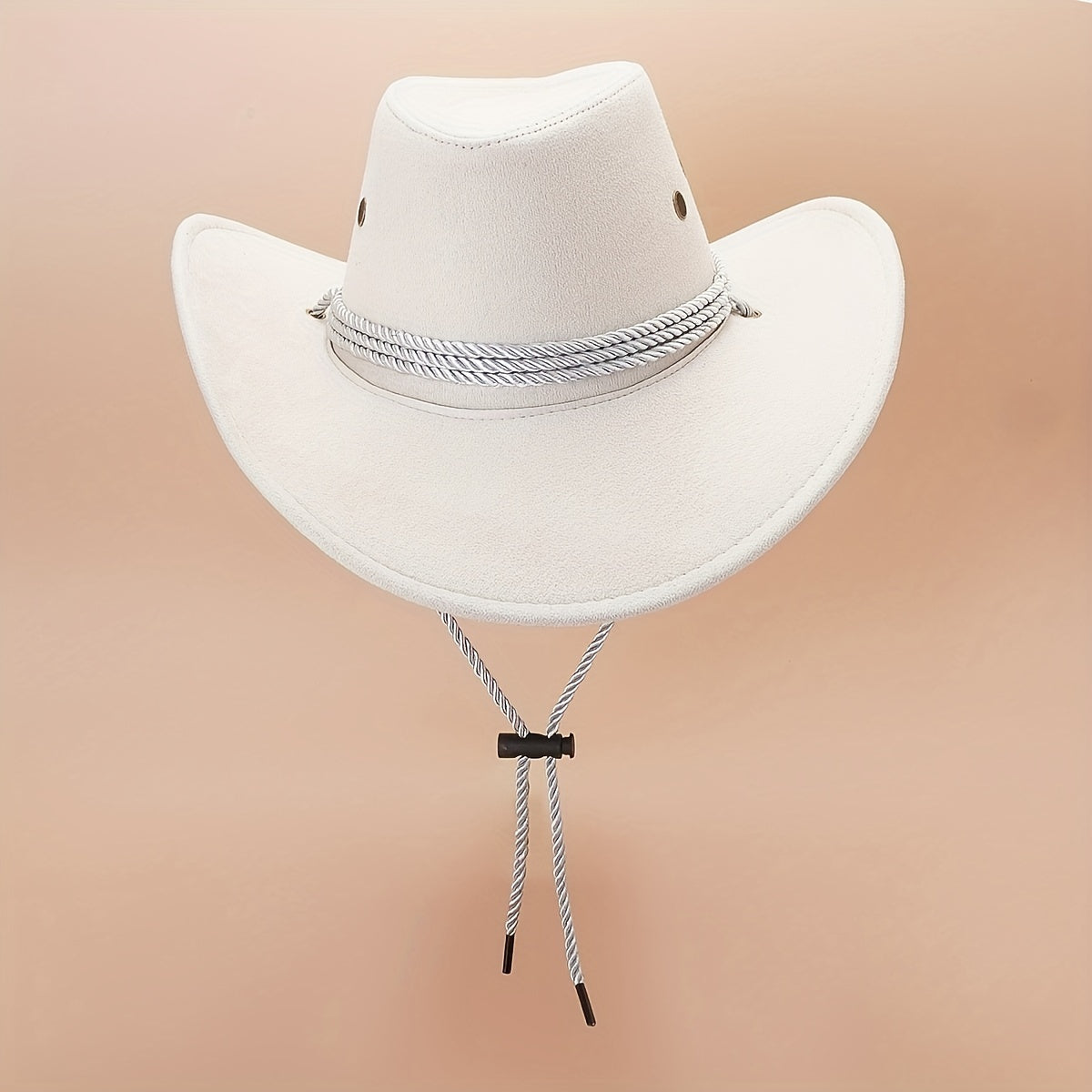 Unisex Western Cowboy Hat Solid Jazz Fedora Cap w/ Lanyard