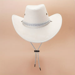 Unisex Western Cowboy Hat Solid Jazz Fedora Cap w/ Lanyard