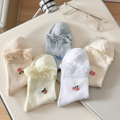 5pairs Ruffled Trim Floral Mid Tube Socks for Women