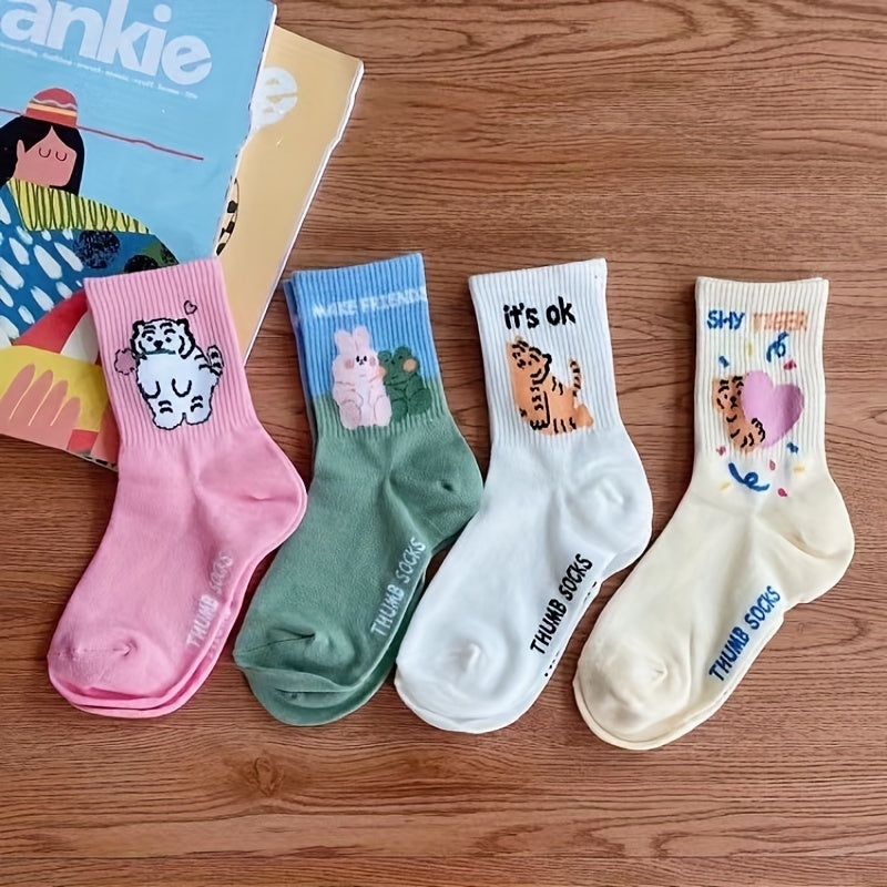 4 Pairs Cartoon Animal Print Socks Women's Stockings & Hosiery