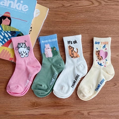 4 Pairs Cartoon Animal Print Socks Women's Stockings & Hosiery