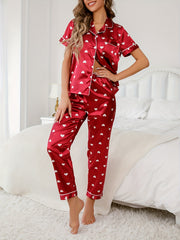 Heart Print Satin Pajama Set Short Sleeve Top & Long Pants Women's Loungewear
