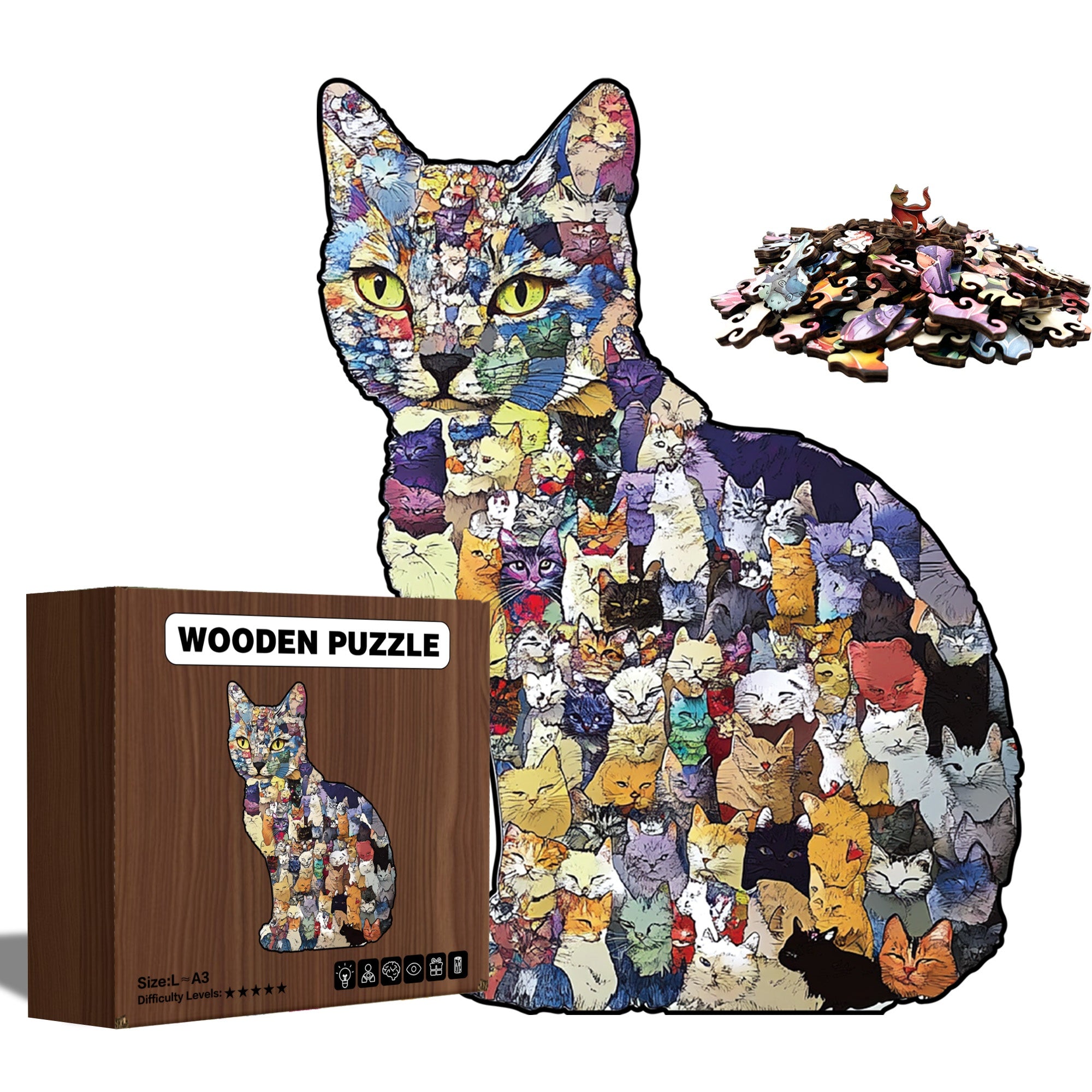 Wooden Cat Puzzle - Irregular Kittens Shape, Stress Relief Game