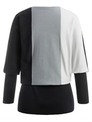 Colorblock Batwing Sleeve Sweater Plus Size Long Sleeve Round Neck Sweater