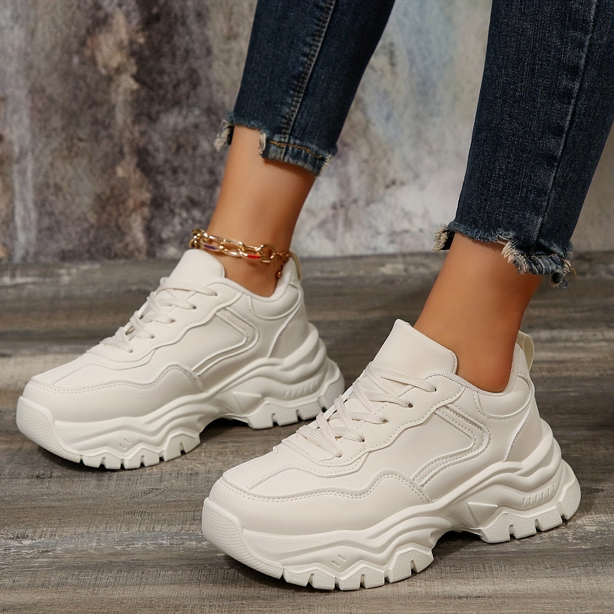 Women's Platform Sneakers Faux Leather Lace Up Trainer Lightweight Shoes