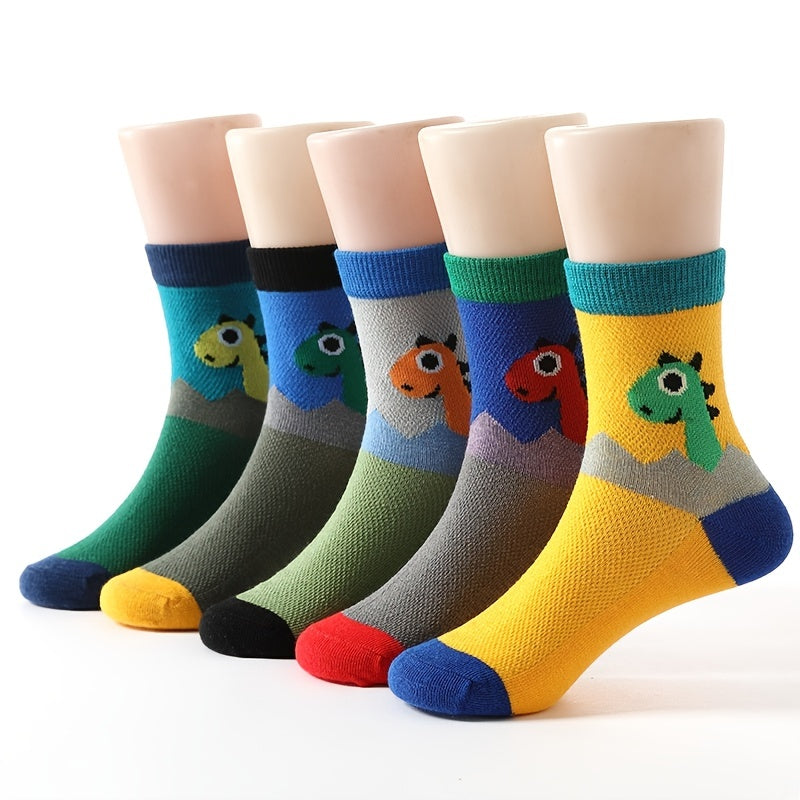 5 Pairs Boys Dino Print Crew Socks, Mesh Breathable Cotton, Spring & Summer