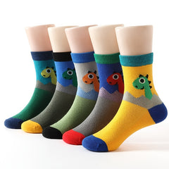 5 Pairs Boys Dino Print Crew Socks, Mesh Breathable Cotton, Spring & Summer