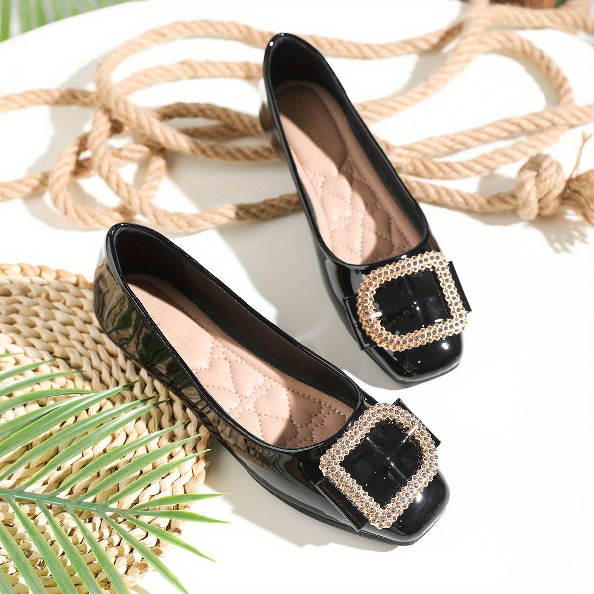 Rhinestone Square Toe Flat Shoes Lightweight Walking Shoes