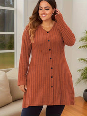 Solid Ribbed Button Long Sleeve V-Neck Mini Dress