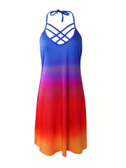 Ombre Print Backless Halter Neck High Stretch Dress
