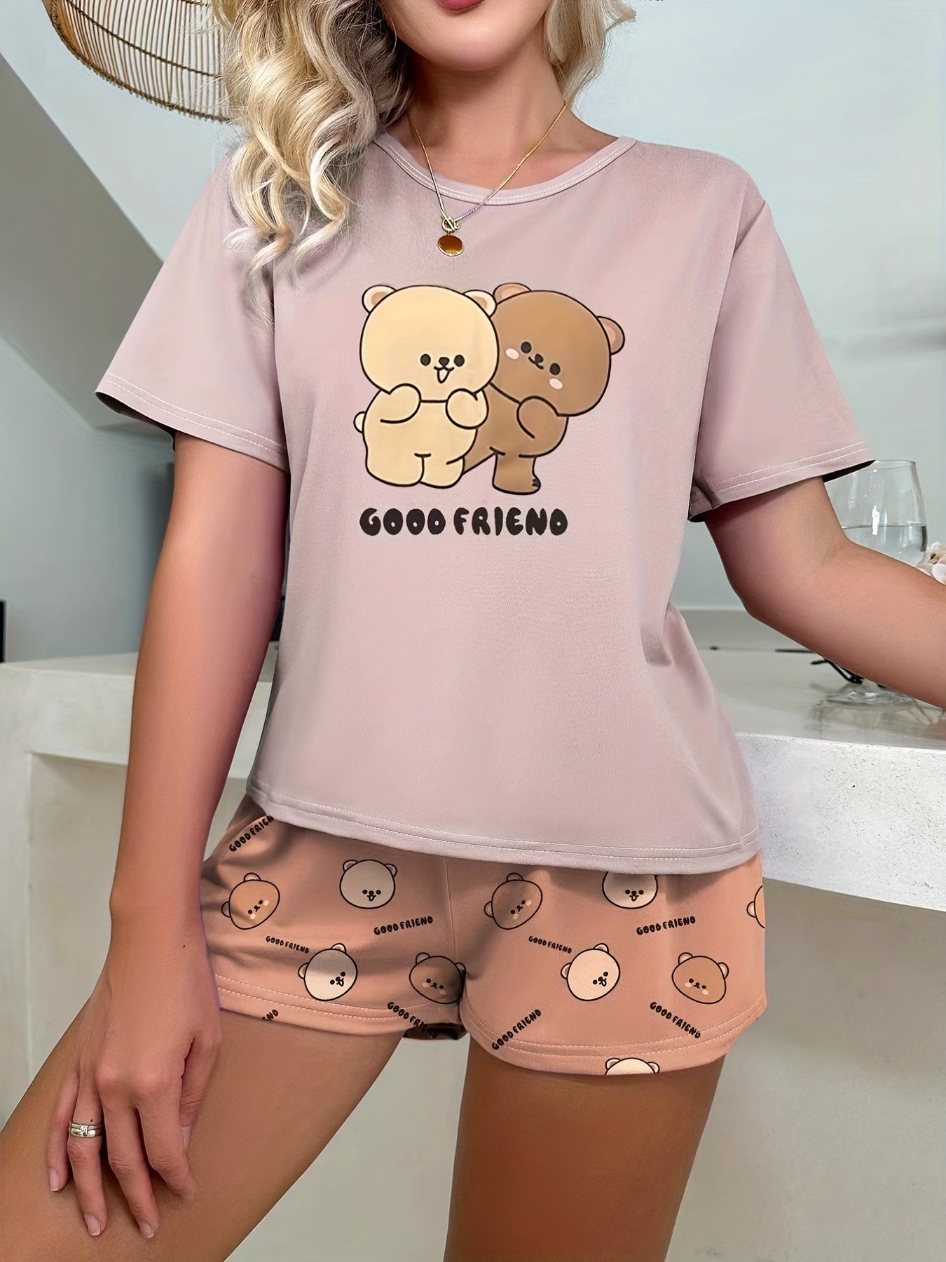 Bear Print Pajama Set Short Sleeve Top & Shorts Women's Sleepwear