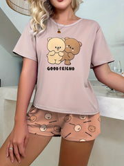 Bear Print Pajama Set Short Sleeve Top & Shorts Women's Sleepwear