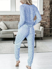 Leopard Print Lounge Set Long Sleeve V Neck Top & Lace Up Pants