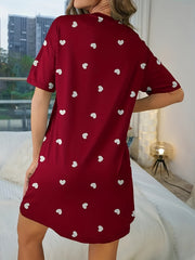 Heart Print NightDress Short Sleeve Pajama Dress Women's Sleepwear