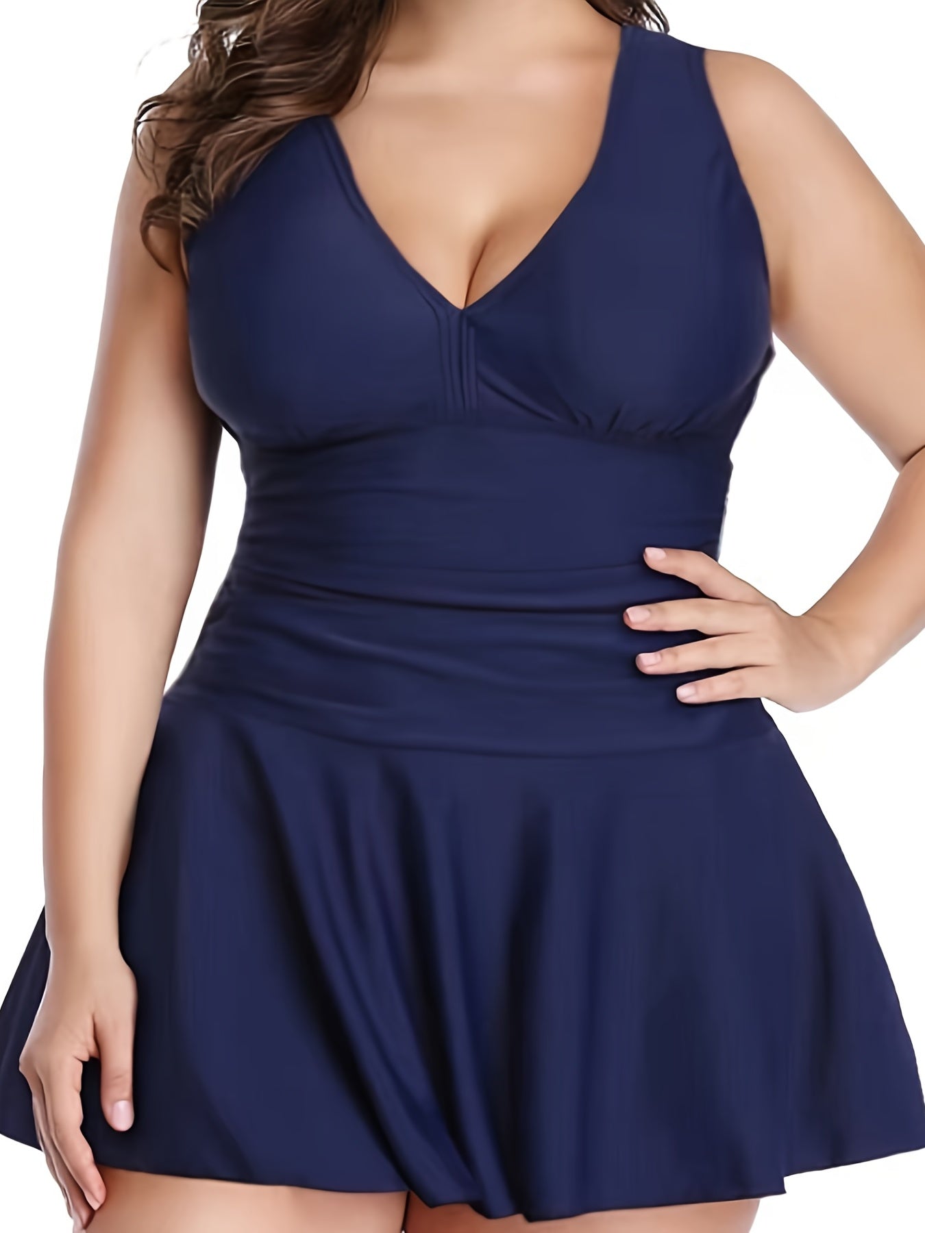 Deep V Neck Solid Swimsuit Two Piece Set Women's Plus