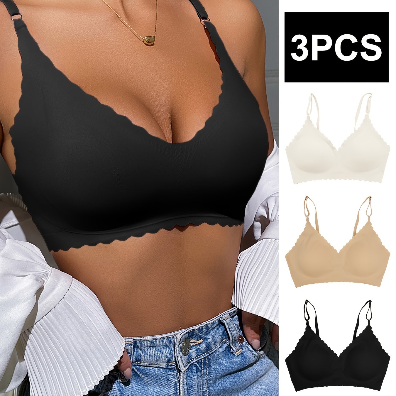 3pcs Scallop Trim Wireless Bras Push Up Intimates Bra Women's Lingerie