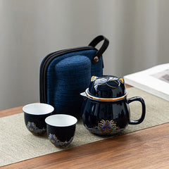 Portable Lucky Cat Tea Set with Teapot, Tea Strainer & 2 Teacups