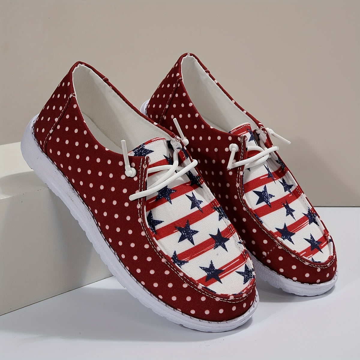 Women's Star & Stripe & Dotted Pattern Patchwork Boat Shoes Lace Up Flat Shoes