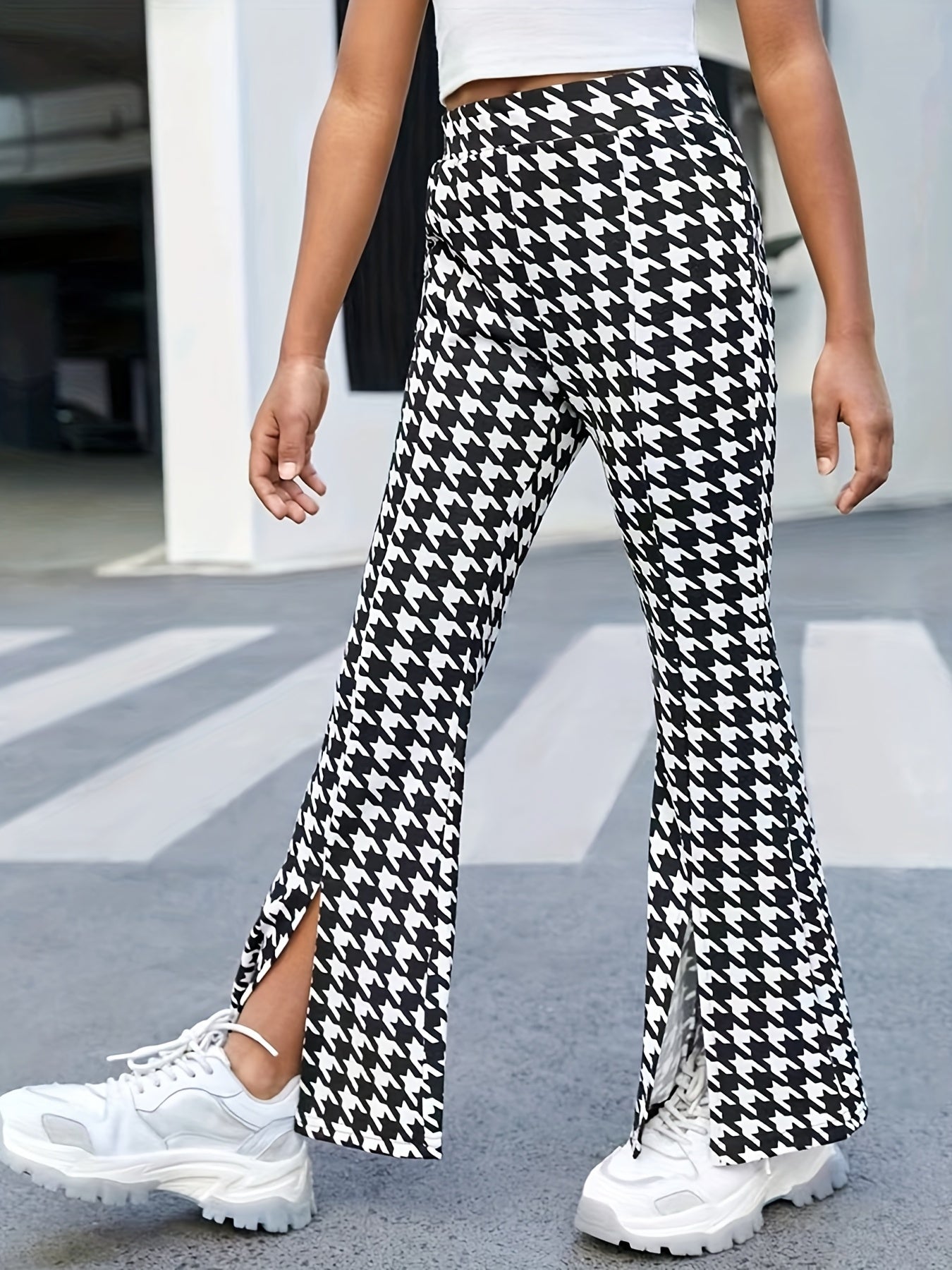 Houndstooth High Waist Side Split Pants for Streetwear
