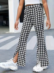 Houndstooth High Waist Side Split Pants for Streetwear