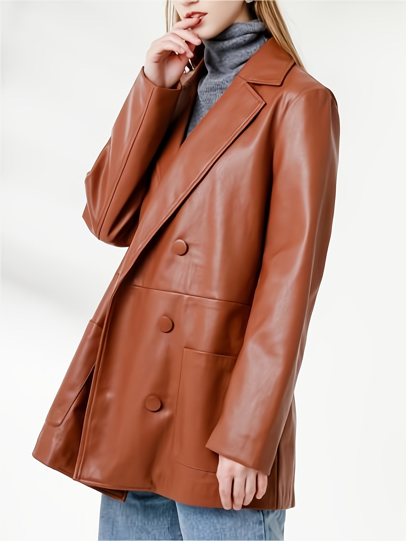 PU Leather Double Breasted Blazer Long Sleeve Lapel