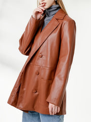 PU Leather Double Breasted Blazer Long Sleeve Lapel