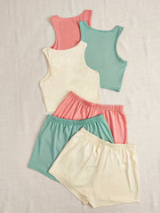 6 Pack Plus Size Pajama Set Women's Crop Tank Top & Elastic Waist Shorts