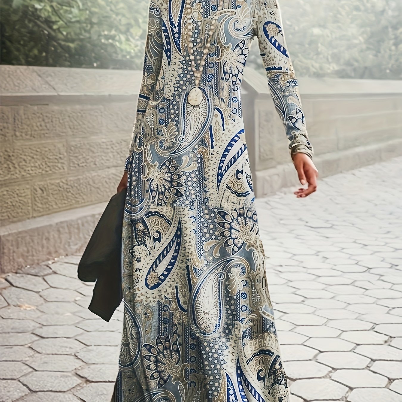 Paisley Print Maxi Dress Long Sleeve Boho Crew Neck Dress