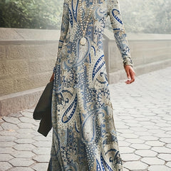 Paisley Print Maxi Dress Long Sleeve Boho Crew Neck Dress