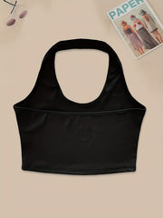 2pcs Solid Ribbed Halter Tops Crew Neck Backless Crop Top Women's Lingerie