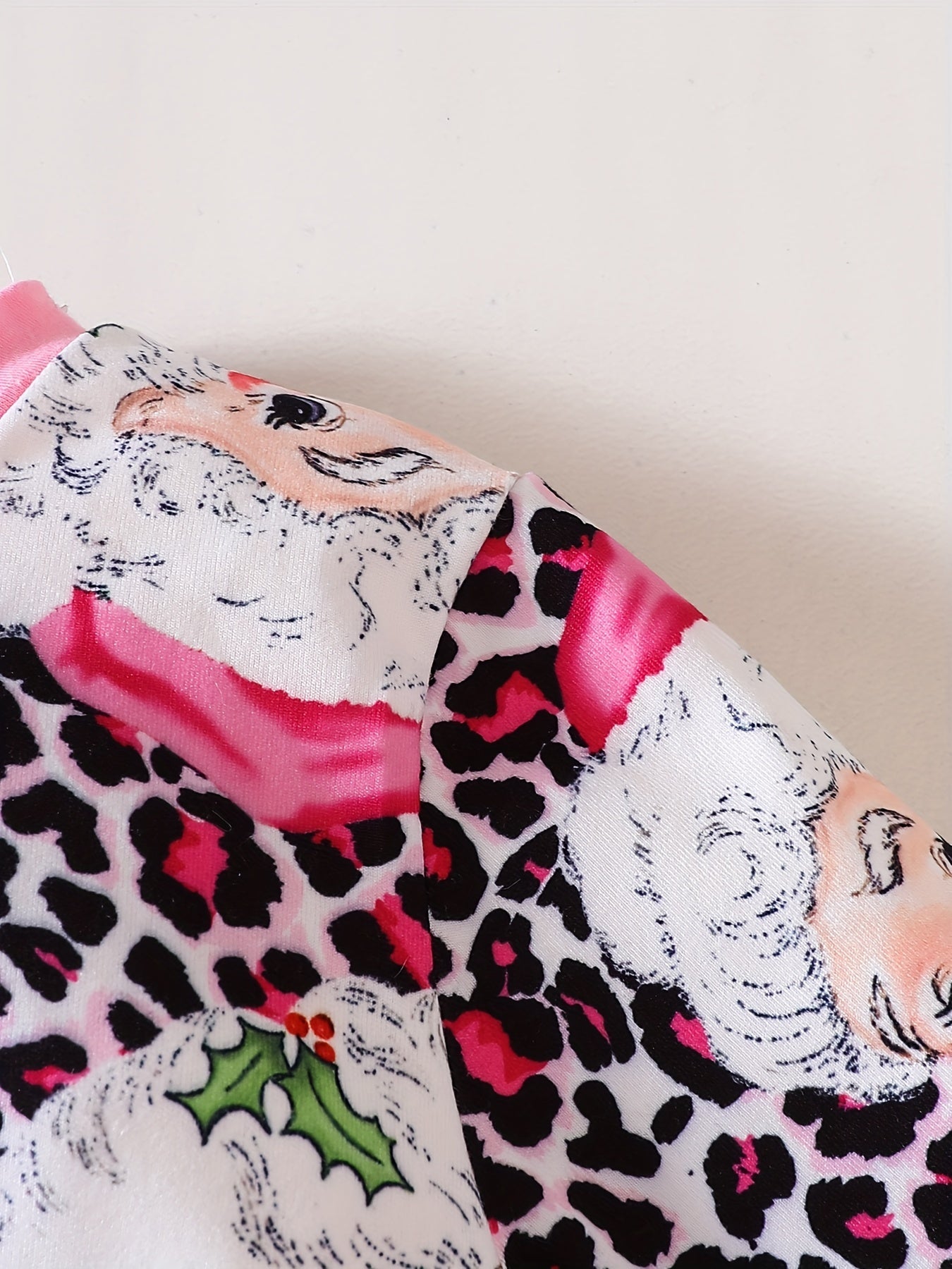 Pink Leopard Santa Dress For Girls Crew Neck Comfortable Fall Winter