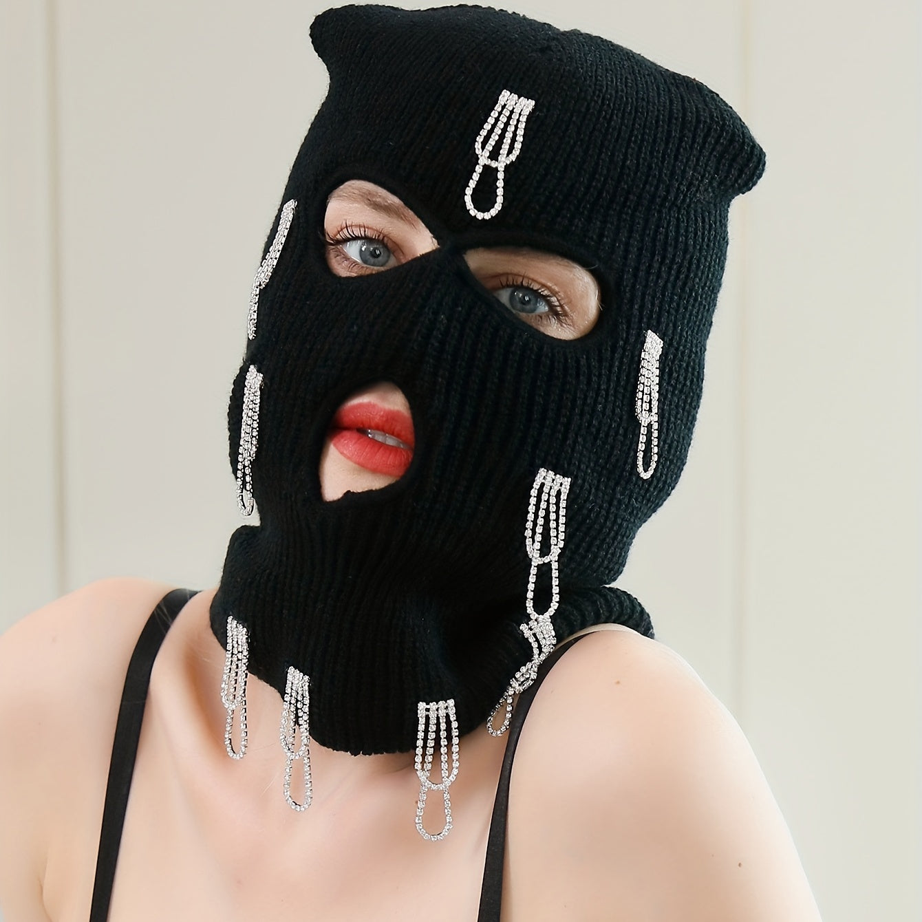 Rhinestone Tassel Balaclava Hip Hop Ski Mask Y2K Knit Hat Neck Gaiter