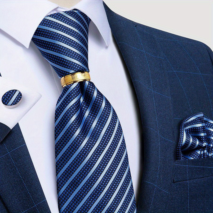 Men's Striped Silk Tie Set with Boutonniere Ring, Tie, Hanky, Cufflink