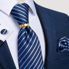 Men's Striped Silk Tie Set with Boutonniere Ring, Tie, Hanky, Cufflink