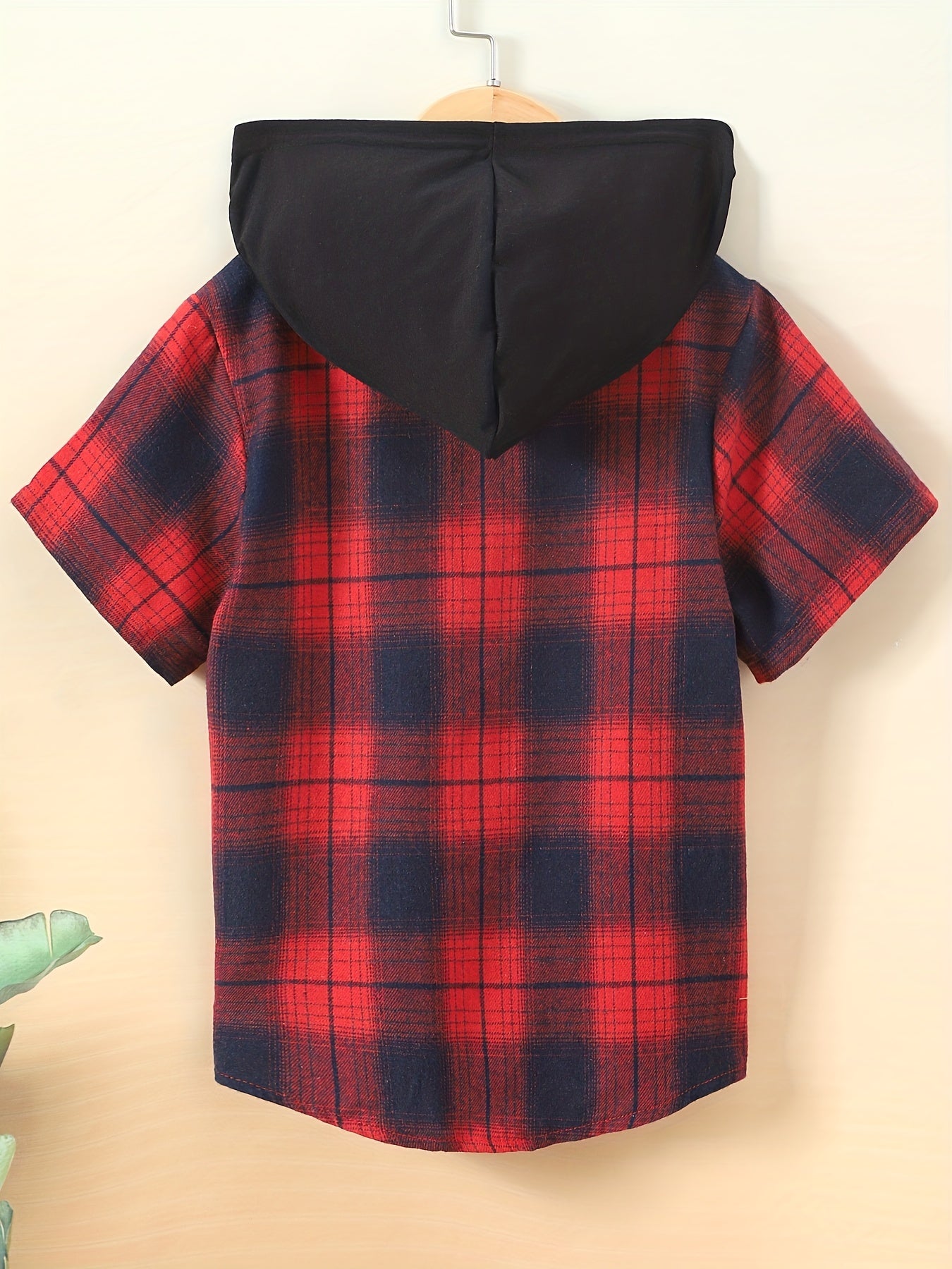 Plaid Hooded Top Short Sleeve Shirt for Boys