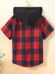 Plaid Hooded Top Short Sleeve Shirt for Boys